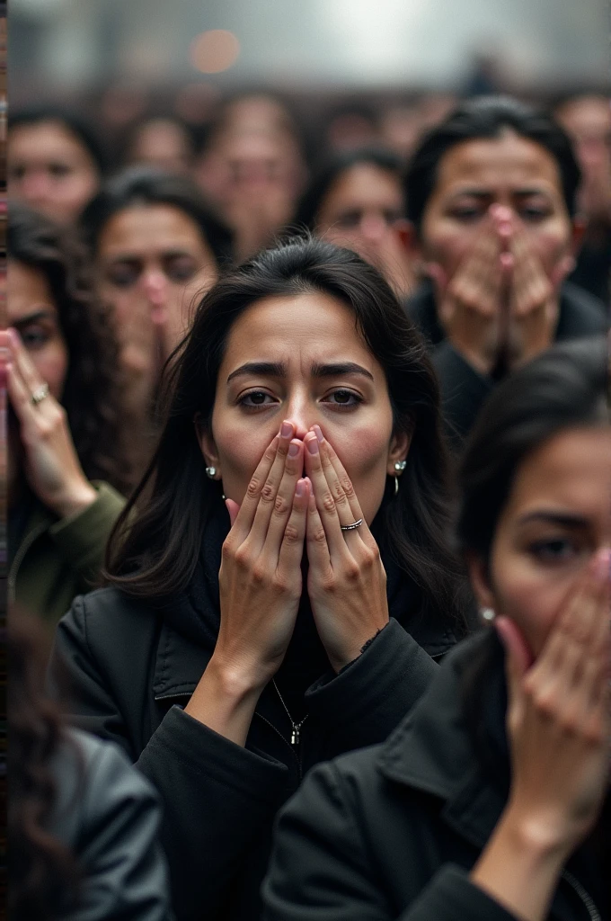 Crowd with mouths covered