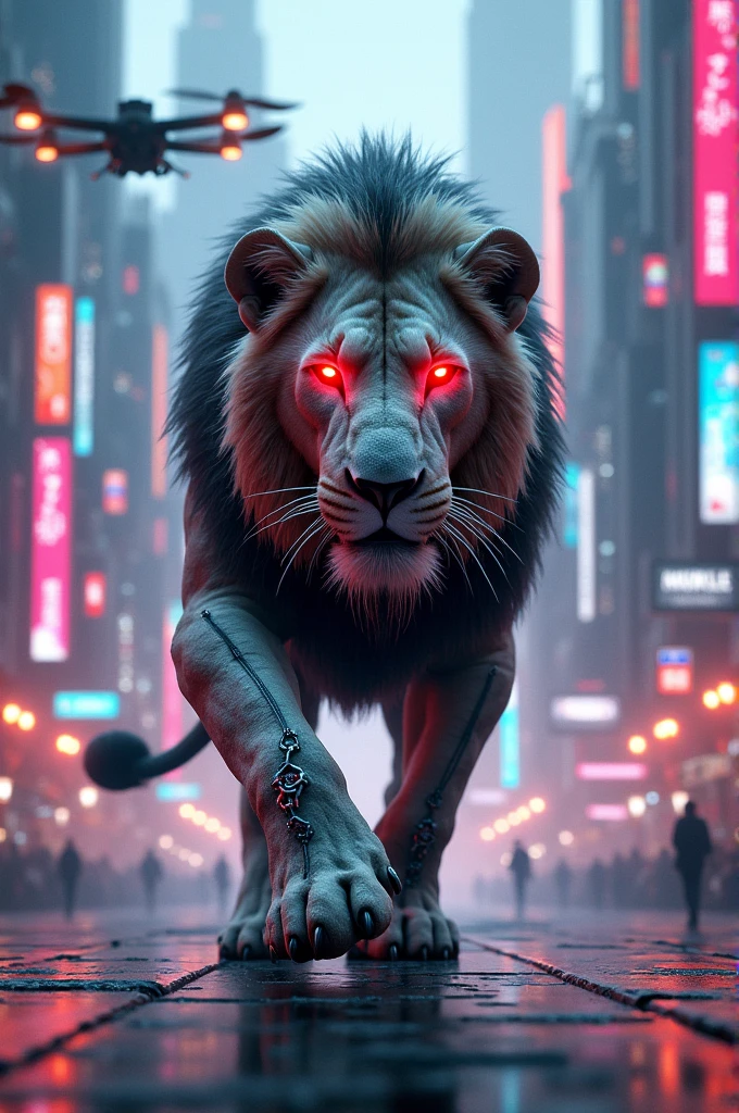 A lion with a red eye in a cyber city