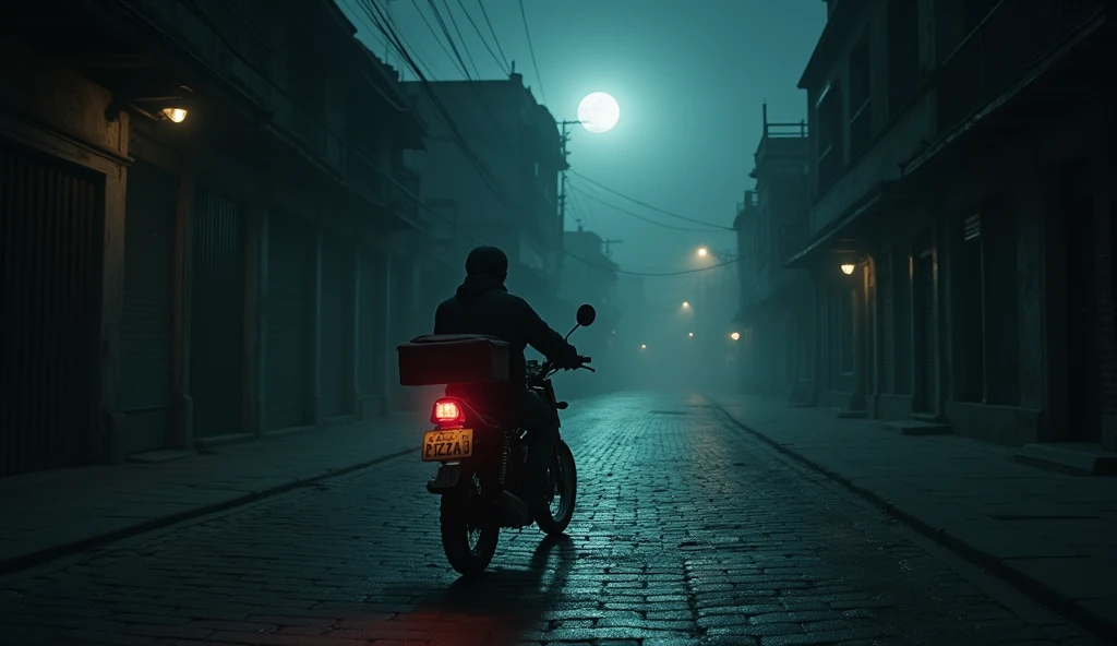 Make a photo of a pizza delivery rider riding a vintage with pizza bag motorcycle down a long, old street in the city of Lahore at night. The street is deserted and has an eerie atmosphere. The night is cold, with the dim moonlight casting soft shadows across the empty street. The moon is visible in the sky, partially obscured by thin clouds, and the buildings lining the street are illuminated faintly by a few scattered streetlights. The street itself is narrow, with cobblestones and aged architecture that adds to the historical charm. The overall mood is quiet and mysterious, with a sense of stillness in the cold night air.