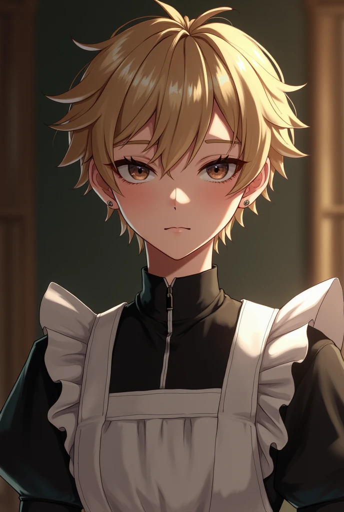 The maid guy is blonde with dark brown eyes with pierced ears with small earrings