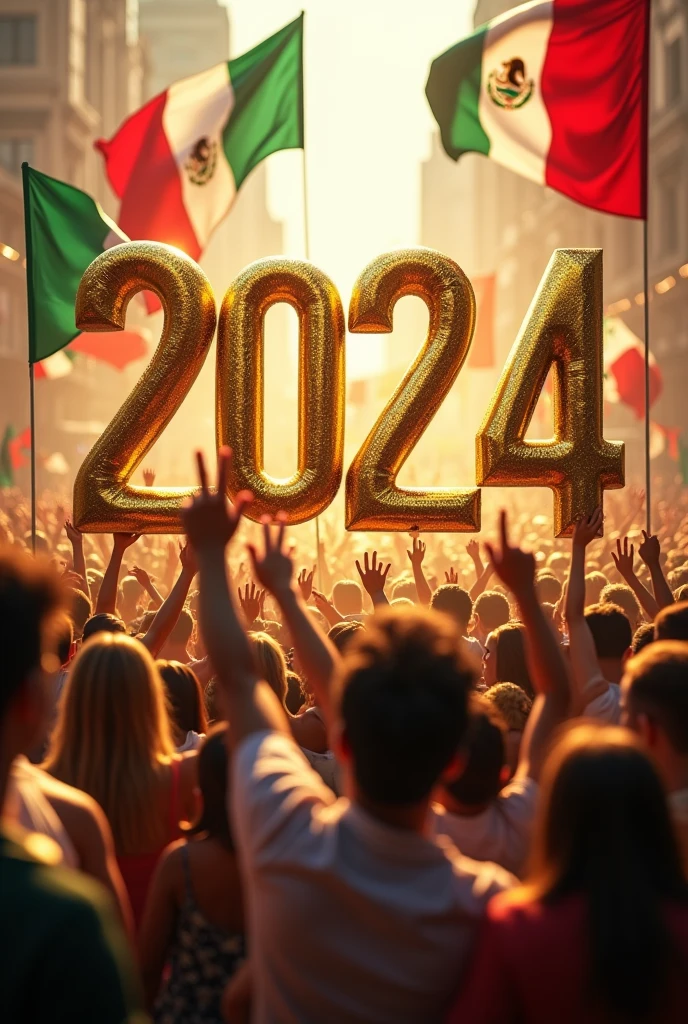 2024 in gold and a crowd of happy Mexicans with Mexican flags