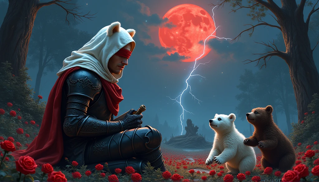 Male knight with a white hood with bear ears and a sword behind his back sits on the ground towards a baby polar bear and a baby brown bear in a forest while the moon shines, many Roses cover the ground and lightning falls from the sky. The baby polar bear plays with the baby brown bear while the knight enjoys watching them. Only the man wears a red blindfold. In the background of the picture is the blood moon and a tree has fallen down in the path. The forest is full of trees with leaves. The armor of the man is black and red roses decorate it. The sky is full of stars. The knight looks thoughtful playing with his blade.