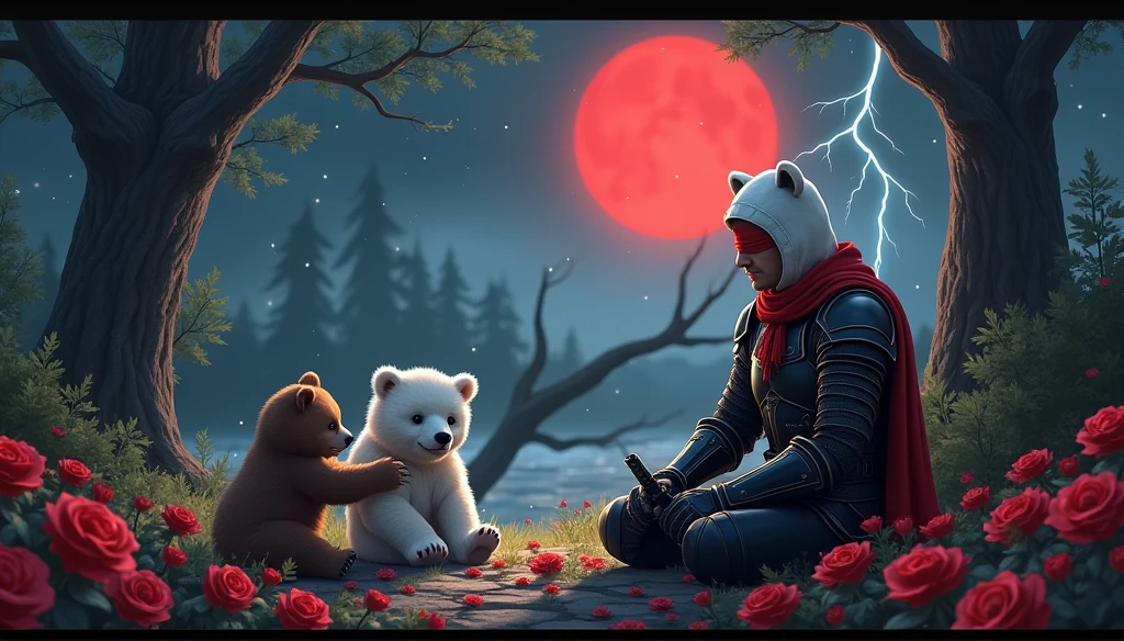 Male knight with a white hood with bear ears and a sword behind his back sits on the ground towards a baby polar bear and a baby brown bear in a forest while the moon shines, many Roses cover the ground and lightning falls from the sky. The baby polar bear plays with the baby brown bear while the knight enjoys watching them. Only the man wears a red blindfold. In the background of the picture is the blood moon and a tree has fallen down in the path. The forest is full of trees with leaves. The armor of the man is black and red roses decorate it. The sky is full of stars. The knight looks thoughtful playing with his blade.