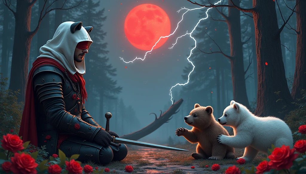 Male knight with a white hood with bear ears and a sword behind his back sits on the ground towards a  polar bear and a babywn bear in a forest while the moon shines, many Roses cover the ground and lightning falls from the sky. The baby polear plays with the baby brown bear while the knight enjoys watching them. Only the man wears a red blindfold. In the background of the picture is the blood moon and a tree has fallen down in the path. The forest is full of trees with leaves. The armor of the man is black and red roses decorate it. The sky is full of stars. The knight looks thoughtful playing with his blade.