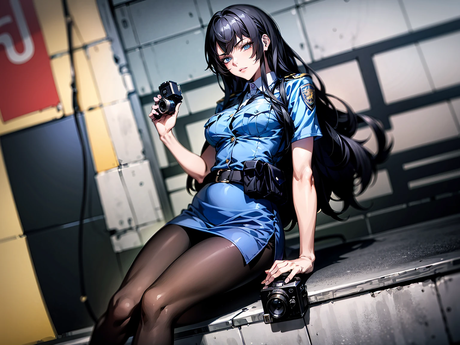 Ridiculous resolution, high resolution, (masterpiece:1.4), Extremely detailed, 1 girl,blue eyes, Black long hair,Please wear police uniform and short skirt, White handbag、Pantyhose、City Streets,Sexy pose, The camera is close to your body