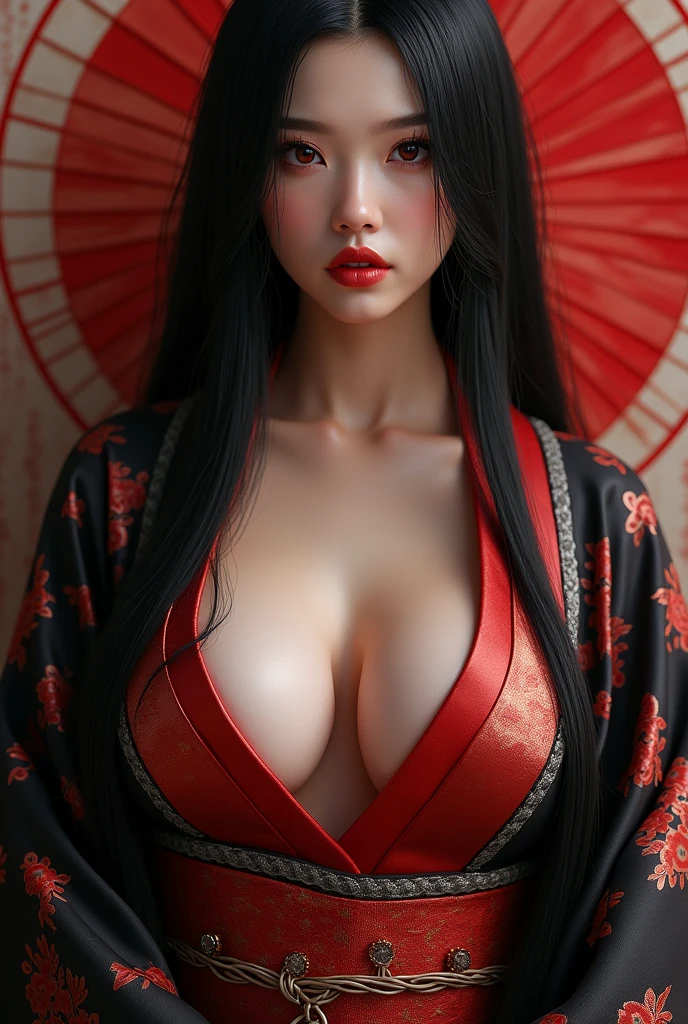 • Long Black Silky straight Hair
• Black And Red Colored Kimono
• Light smooth skin
• Thick and sexy curvy body
• Revealing Cleavage
• Red colored eyes