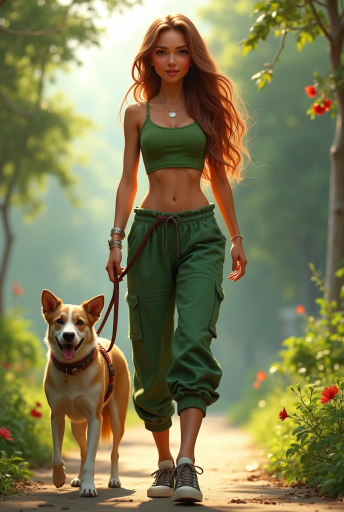 Realistic girl walking her dog wearing green crop top and baggy pants