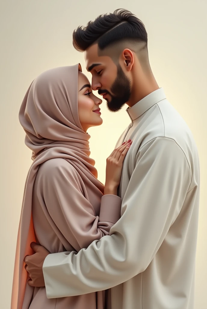 A 35 year old husband and wife, the man is wearing a black shirt, black pants, white shoes, on his left hand he is wearing a silver bracelet, on his ears he is wearing black round earrings, on his head he is wearing a hat. The woman is wearing a black headscarf, wearing black clothes, black jeans, wearing white shoes, wearing glasses, smiling spoiledly looking at her husband. 4k , 3d , realistis, SLR, detail