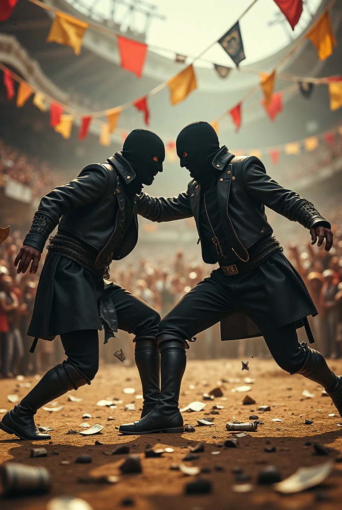 image of two masked thieves wearing black and white striped clothes fighting for money in the middle of the arena ,watched by the cheering crowd.
around the arena colorful flags are flying.