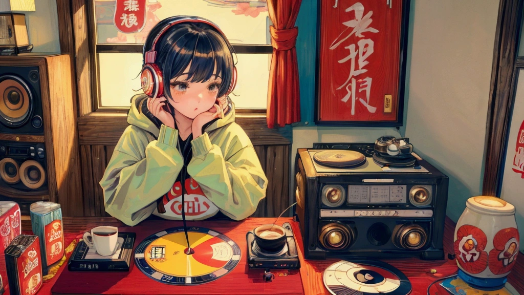 Highest quality, 4K wallpaper, masterpiece, Very detailed CG ユニティ 8k 壁紙, Very fine grain, Very detailed, Intricate details, One girl, Retro art style,Retro room decor、Table with vinyl record player and coffee cups、Pop Art Style, Tokyo Tower、Girl wearing a hoodie、Girl with headphones around her neck、Wearing a skirt、Shortcuts、Chill、Chill、Emotional、emotional