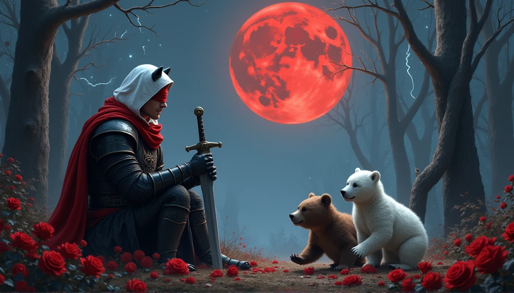 Male knight with a white hood with bear ears and a sword behind his back sits on the ground towards a baby polar bear and a baby brown bear in a forest while the moon shines, many Roses cover the ground and lightning falls from the sky. The baby polar bear plays with the baby brown bear while the knight enjoys watching them. Only the man wears a red blindfold. In the background of the picture is the blood moon and a tree has fallen down in the path. The forest is full of trees with leaves. The armor of the man is black and red roses decorate it. The sky is full of stars. The knight looks thoughtful playing with his blade.