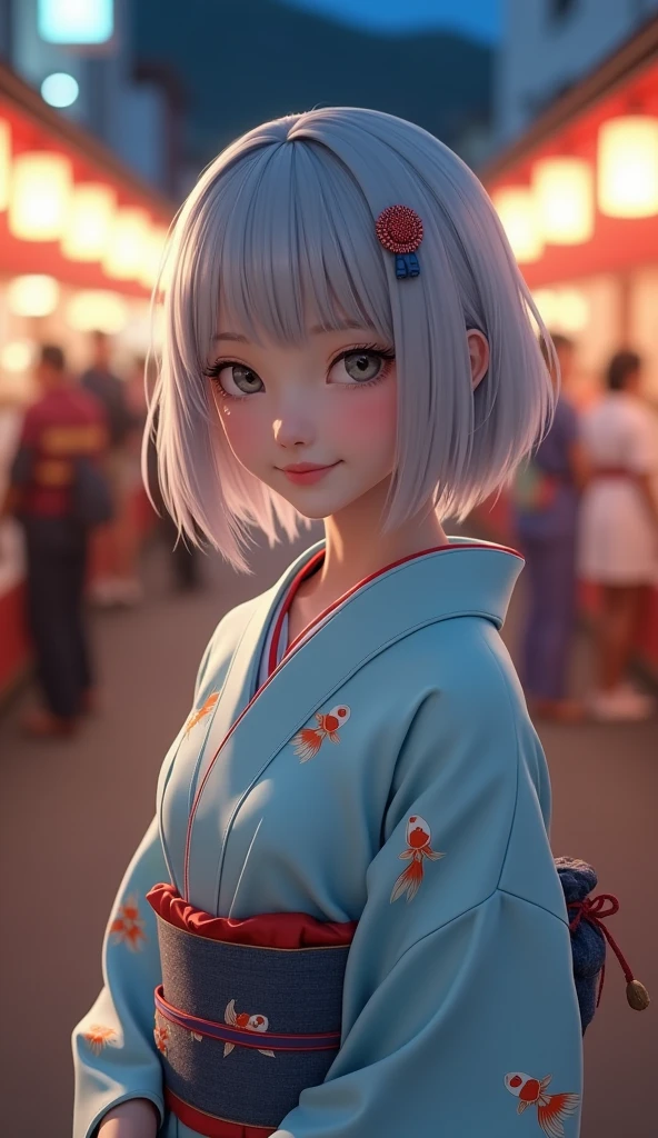 (8k, Realistic, RAW Photos, Highest quality: 1.4, detailed),A Japanese idol-like beautiful girl,1 person,1,Short Bob,(Silver Hair),Hang your hair over your ears,Large, clear gray eyes,Long eyelashes,(piercings(small)),(Lip gloss),lips(Plump,glossy),thin long neck,Thin and delicate shoulders,(yukata(Traditional Japanese cool dress(Long length,Cotton Fabric,Pale light blue,small金魚の柄))),Thick blue band,Bunko Musubi,(She is wearing red-thonged geta sandals on her bare feet.),(A small drawstring bag in the right hand(Traditional Japanese Pochette)Lowering),Night Festival,Front view,Looking at the camera and smiling sweetly,(Full body shot portrait: 1.4)