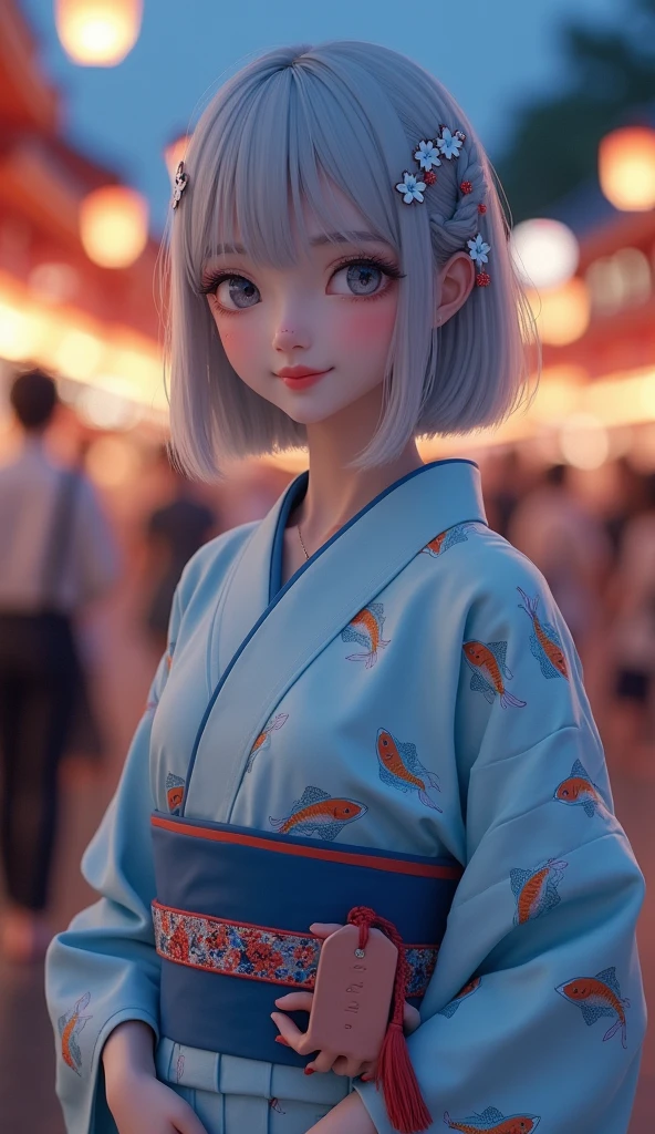 Bon dance festival,young ladys, silver hair, blue eyes, detailed beautiful face, slim body, beautiful young girls,highly realistic photo, cute pose,full body,dancing on the yagura stage,yukata