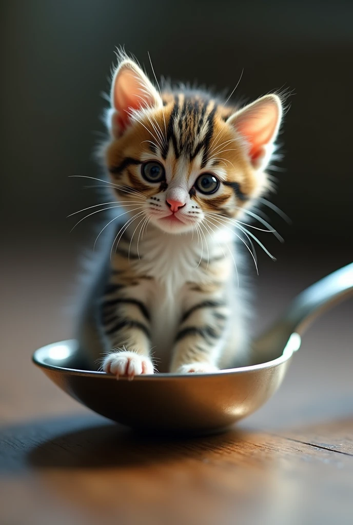 become a science fiction illustrator create an image of a small kitten in miniature size sitting in a teaspoon