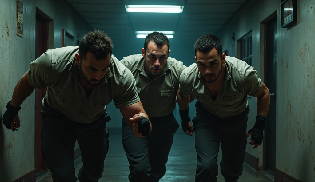 The remaining 3 yang man searching frantically for their missing companion in the room. 