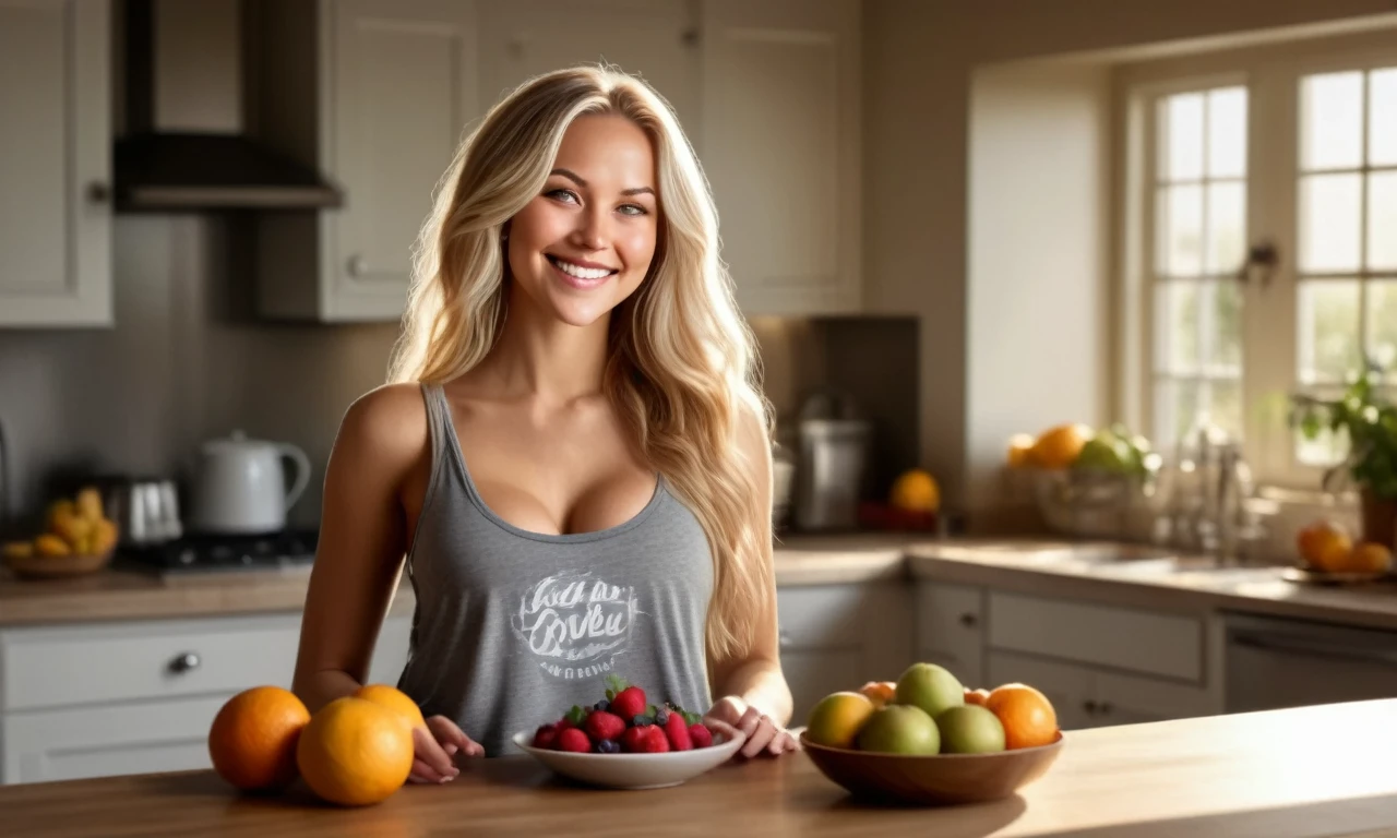 carla, ultra-realistic, woman with long, flowing hair, sitting at a kitchen island, wearing a casual but sexy tank top, enjoying a bowl of fresh fruit, sunlight streaming in, a laptop nearby, looking at the camera with a charming smile, photorealistic, cozy and inviting atmosphere.