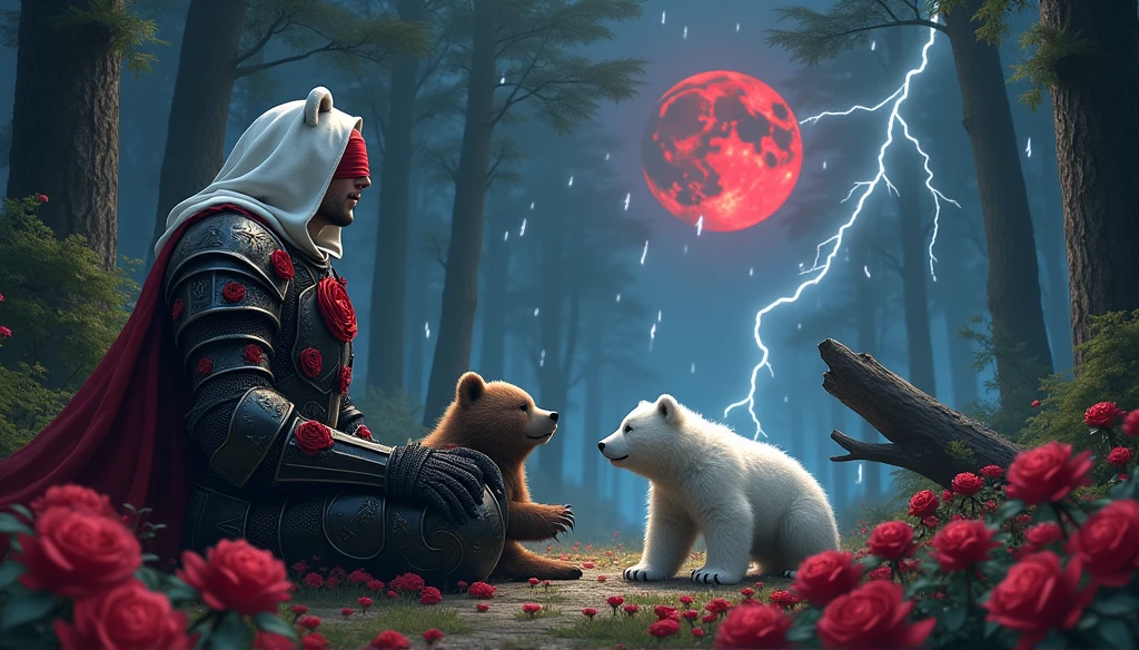 Male knight with a white hood with bear ears and a sword behind his back sits on the ground towards a baby polar bear and a baby brown bear in a forest while the moon shines, many Roses cover the ground and lightning falls from the sky. The baby polar bear plays with the baby brown bear while the knight enjoys watching them. Only the man wears a red blindfold. In the background of the picture is the blood moon and a tree has fallen down in the path. The forest is full of trees with leaves. The armor of the man is black and red roses decorate it. The sky is full of stars. The knight looks thoughtful.