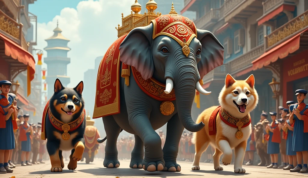 The elephant was accompanied by a royal cat and a dog in the procession.