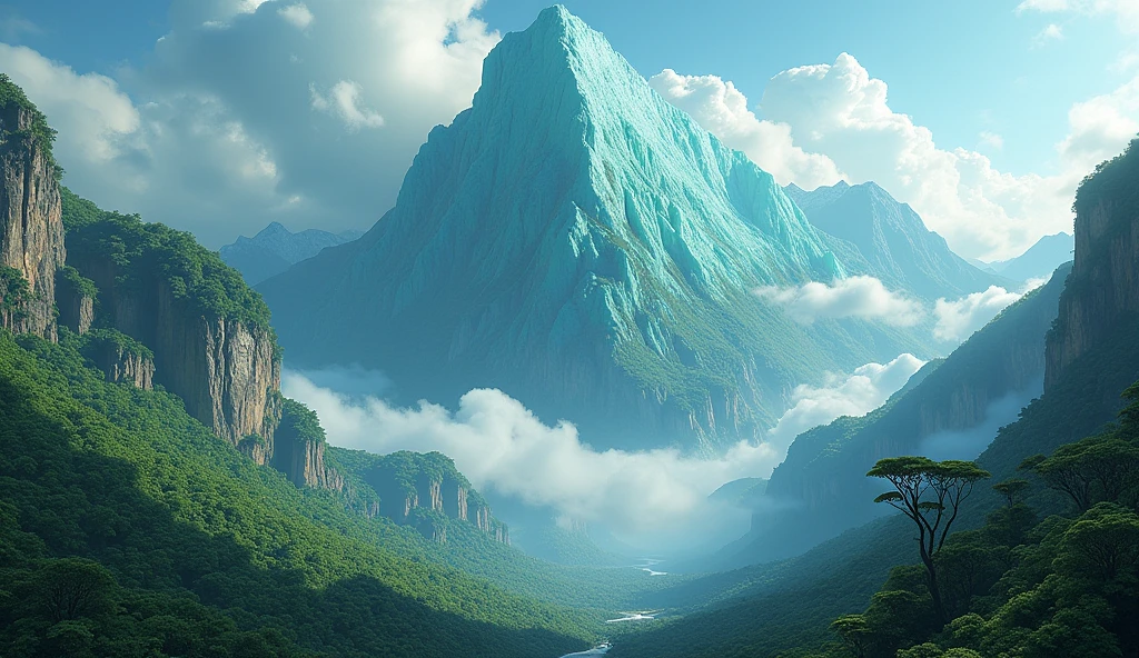 There is a high mountain,The sunny side is rich in jade,On the other side there are strange trees(best quality,4K,8k,High level,masterpiece:1.2),Ultra Detailed,(lifelike,Photo real,Photo real:1.37)
