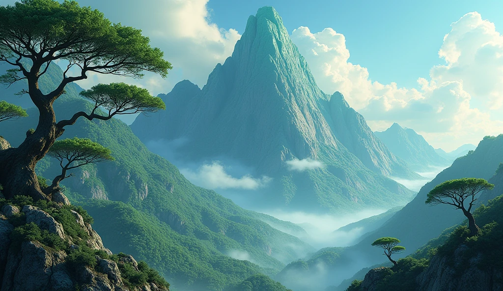 There is a high mountain，The sunny side is rich in jade，On the other side there are strange trees（best quality，4K，8k，High level，masterpiece：1.2），Ultra Detailed，（lifelike，Photo real，Photo real：1.37）