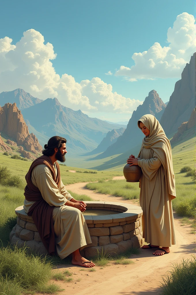 The image shows a biblical scene, where a man and a woman are standing near a well in a rural area. the man is sitting, wearing a beige tunic with a brown sash around the waist. The woman, standing beside the well, is holding a jar, probably to remove water. She wears a beige tunic with a light veil over her head.. The surrounding scenery includes a dirt road, green vegetation, and in the background, there are mountains under a blue sky with some clouds. The image conveys a peaceful and pastoral atmosphere.