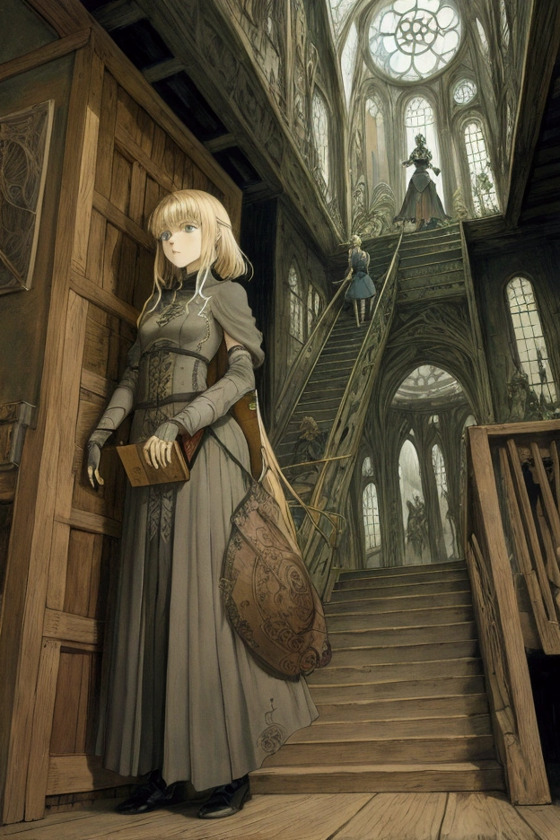 Arthur Rackham, Peter Gric, Fritz Janschka, Moto Hagio, Moritz Retzsch, Surrealism, wonder, strange, bizarre, fantasy, Sci-fi, Japanese anime, spiraling glass tower, reaching from the underground world to the heavens, beautiful blonde miniskirt girl Alice climbing the stairs, perfect voluminous body, detailed masterpiece hand coloured line drawings