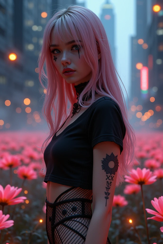 Lots of Fireflies,Looking up for escape,Searchlights above, fearful,Misty,standing,Illuminated glowing flowers,Illuminated flower garden,Lens flare,Closeup,webbed lattice outfit,tiny small arm tattoo ‘MMXLIX ‘,Dirty face,See though black t-shirt ,dirty see through t-shirt ,Haliee steinfeld,dark sky,Gothic style,misty,futuristic city views,Neo futurism,large futuristic buildings,Black Lattice walls,Closeup,heavy black eye makeup,young Caucasian girl,looks like joi from bladerunner,black eye makeup running down face,bokeh, looks like joi from blade runner,looks like ana de armas,stylish long pink hair with blonde highlights,ultra HD,intricate details,3d render,hyper maximalist, lens flare,High-definition, Premium, Superior, Professional, Flawless, Exquisite, High-end, Photorealistic, Textured, Impressive, Hyperrealistic, High- resolution, Lifelike, Masterpiece, High dynamic range (HDR), PBR (Physically Based Rendering), Post-processing effects, Dynamic composition, Ray tracing, Ultra detailed, High quality, Sharp focus, Translucency, Naturalistic, Organic textures, Highly detailed, Details, Full HD, Depth of field, Realistic lighting