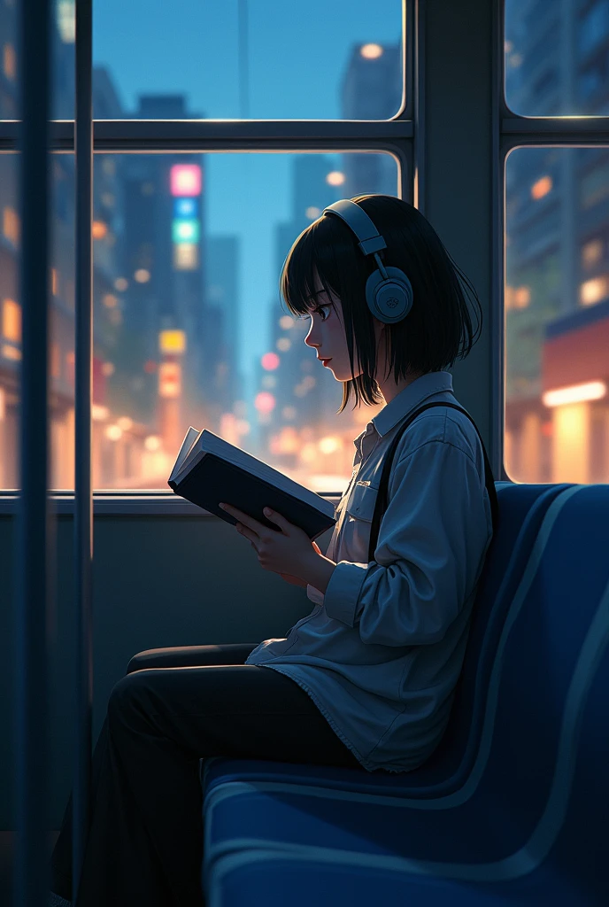 Makoto Shinkai style I'm sitting on a bench seat on the train reading a textbook with headphones on. College girl on train running through urban evening city With a friend