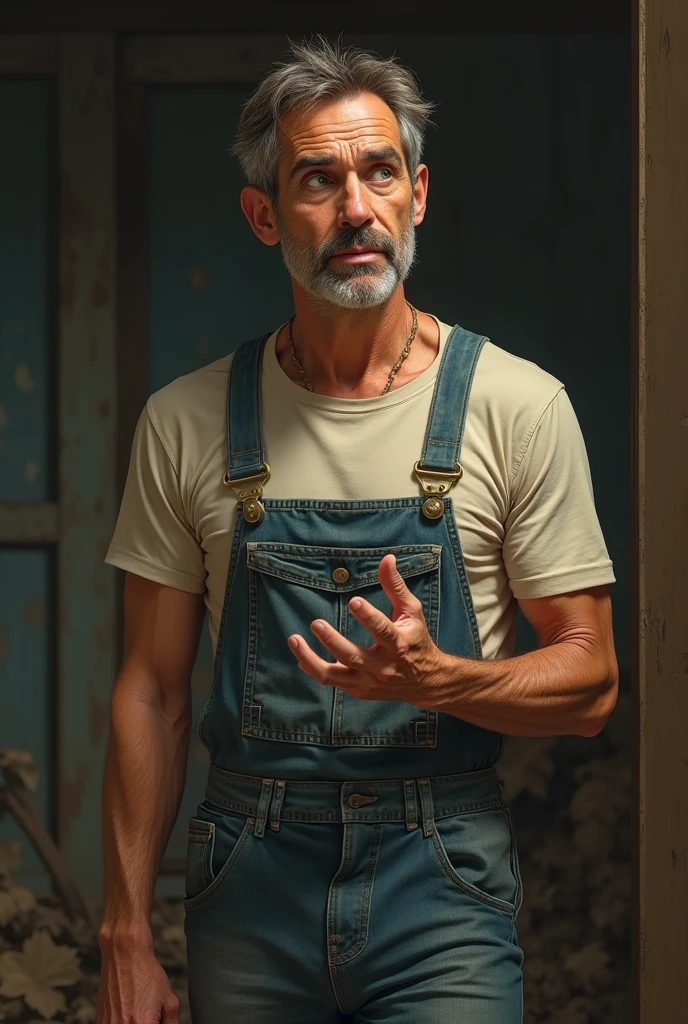 the middle-aged man, about 4, sun-tanned and time-marked skin, reflecting years of outdoor work. He has short brown hair, with some gray hairs that stand out at the temples. His eyes are a deep green, always attentive and expressive, revealing both acquired wisdom and a natural serenity observed. He wore a long t-shirt underneath a pair of worn denim overalls..
The right hand, gesturing gently, reinforces the search for answers, while the other rests on the hip, in a posture that suggests impatience. The gaze is firm and penetrating, as if trying to unravel what is beyond words, seeking sincerity or contradiction.
