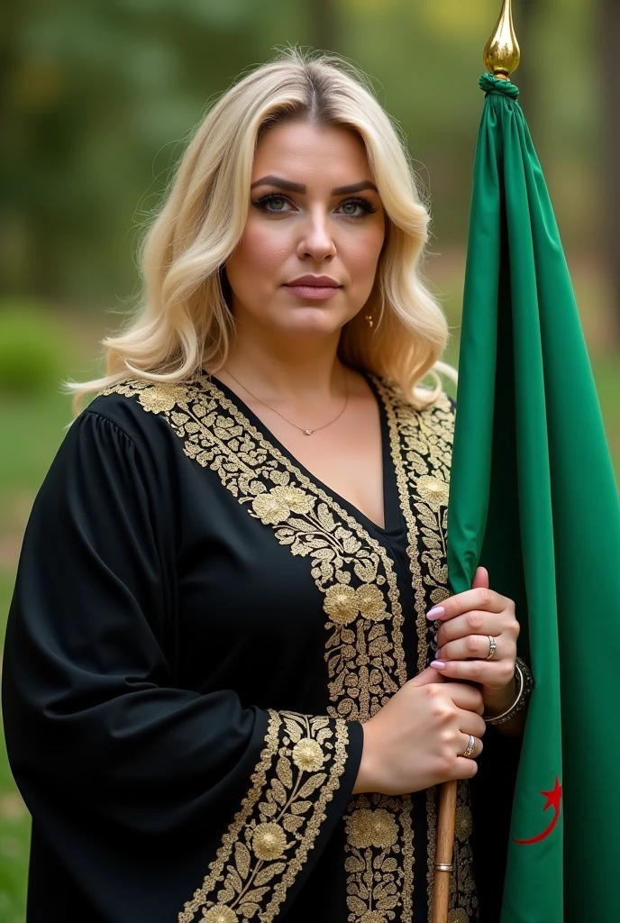 She is holding the Algerian flag, close-up, blonde, fat woman. . She is wearing a black caftan decorated with gold threads embroidered with a modern and high quality technique. She is holding a detailed and precise Algerian flag in green and white, green nature background.