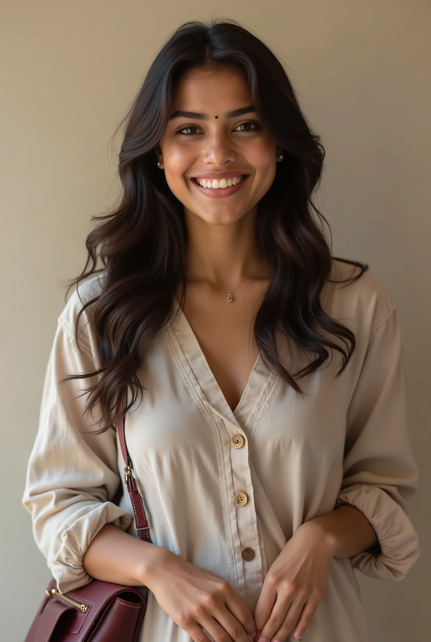 There is a young, Beautiful indian woman, who looks to the future like Katrina Kaif, Smiles into the camera, beautiful teeth, She looks into the camera, a portrait from raw photo, hands, body, conservative dress, handbag,