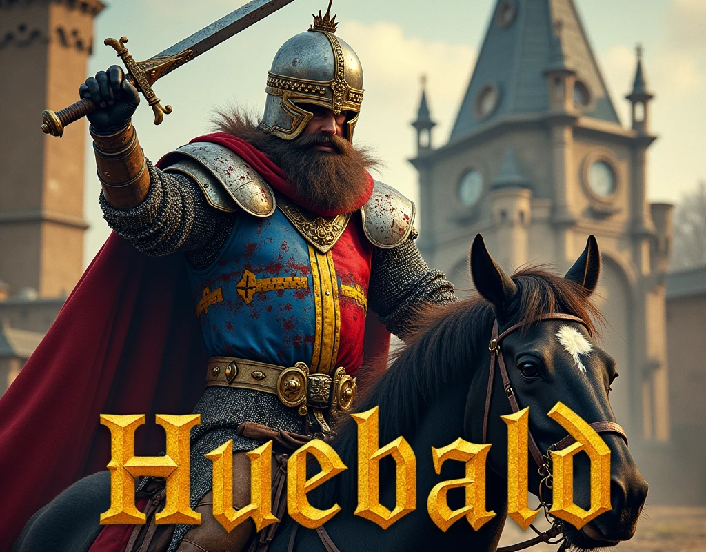 A poster depicting a rich heavy boar man brandishing a two handed sword, wearing medieval battered chain mail, helmet  with luxury ornaments, precious stones, very battle-damaged, blue and red coat of arms with thin vertical yellow sword painted upwards. damaged by fighting, covered by blood. He's on horse, front a chapel, has a strong strabism, gold puch belt. with (the words "Huebald" written in large golden letters in the foreground).