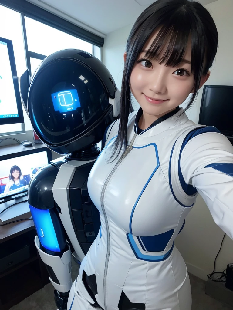 Japanese female android,Black Hair,White and blue robot suit,Plump,Watching TV in the room,smile
