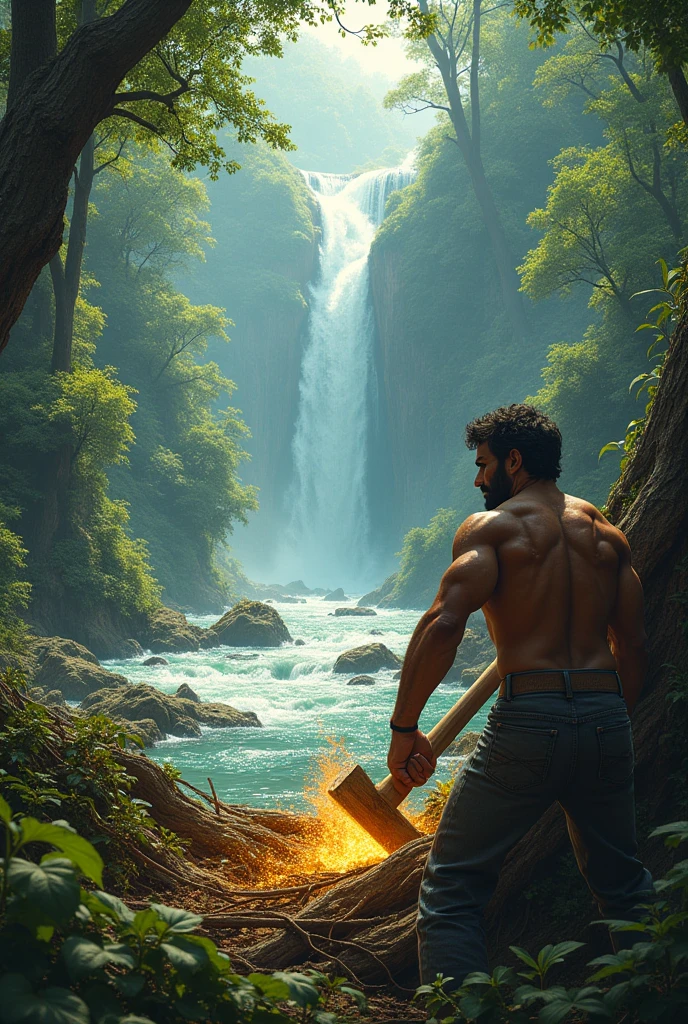 A biggest and largest danzer ganga river and side view a  man cutting tree by axe and he lifting a shining gold ring

