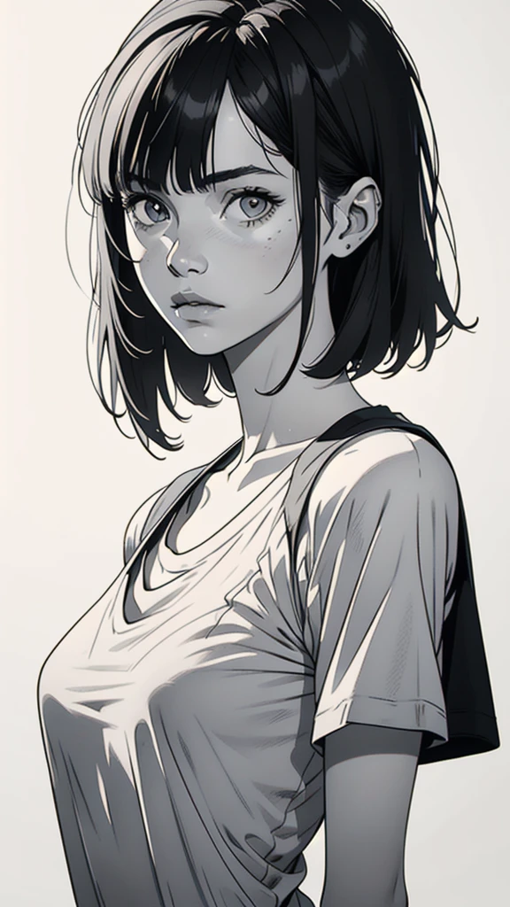 1 boyish girl, solo, sharp eyes, monochrome, greyscale, shoulder length black bangs hair, portrait, (blank white T-shirt), Thin eyebrows, closed mouth, looking at viewer, detailed lips, hatching \(texture\), without makeup, upper body, (best illustration), (best quality), (very detailed), (masterpiece), expressionless,