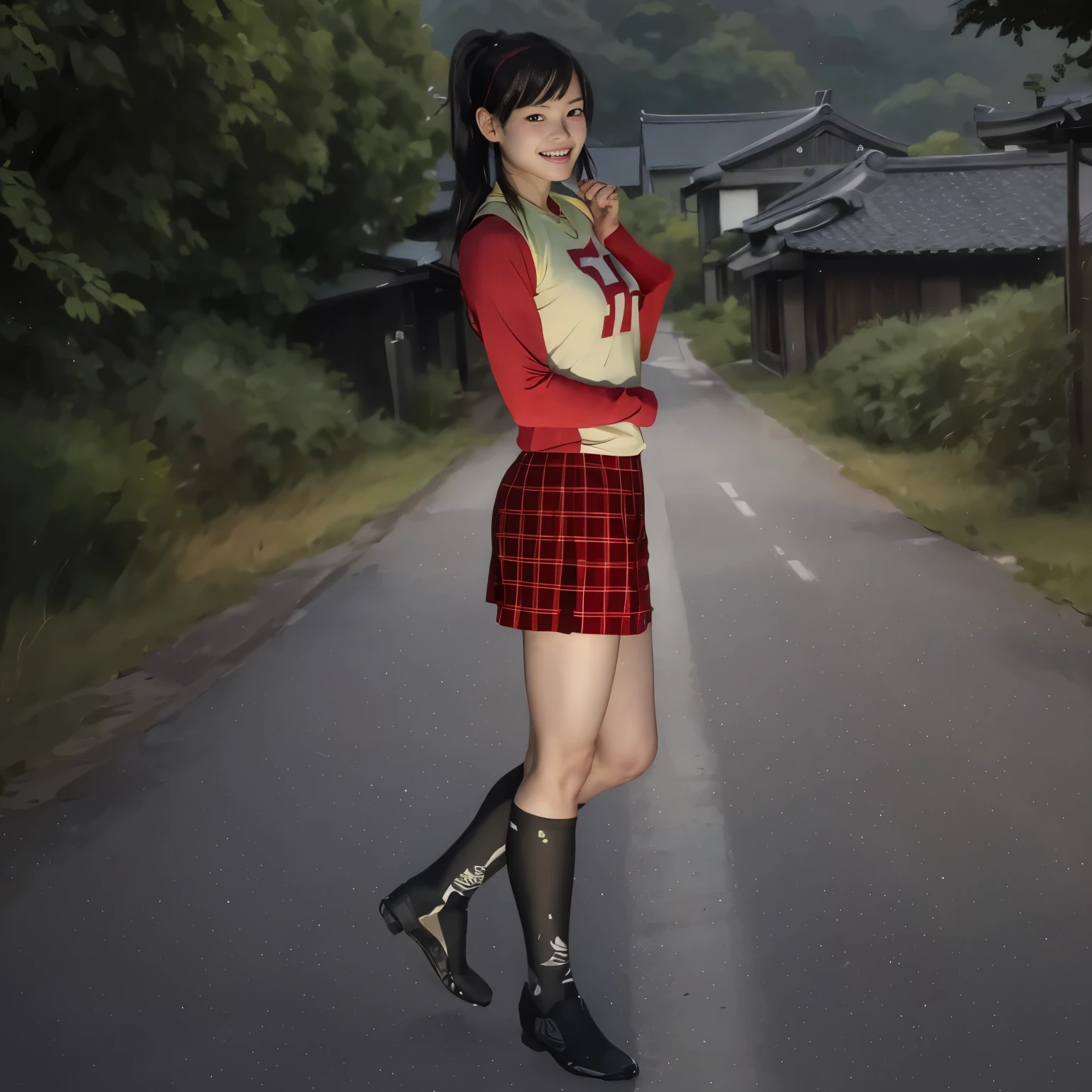 (Highest quality, masterpiece), (Beautiful Japanese Girl), (freckles:0.6), ponytail, smile, garden, Track and field athlete