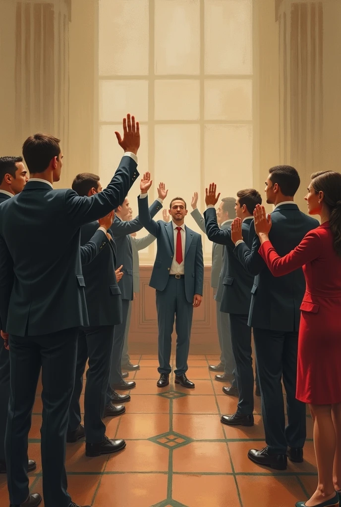 pledging people at school (General PTA,Homeroom PTA Officers, SELG, and Club Officers.)  just like a painting or an art style and the color is just like vintage or beige one. one hand raise up, Induction Ceremony.                       