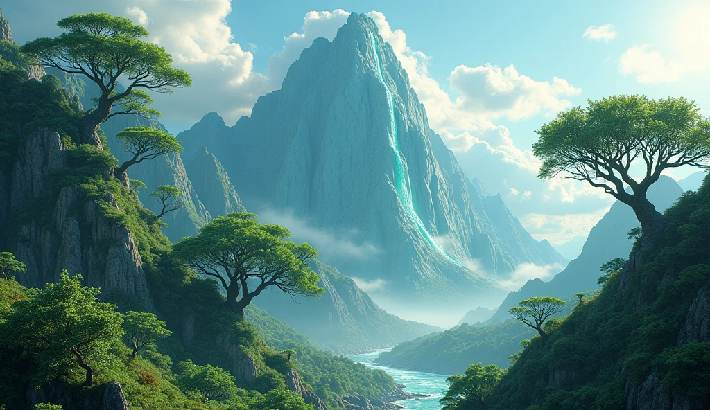There is a high mountain,The sunny side is rich in jade,On the other side there are strange trees(best quality,4K,8k,High level,masterpiece:1.2),Ultra Detailed,(lifelike,Photo real,Photo real:1.37)
