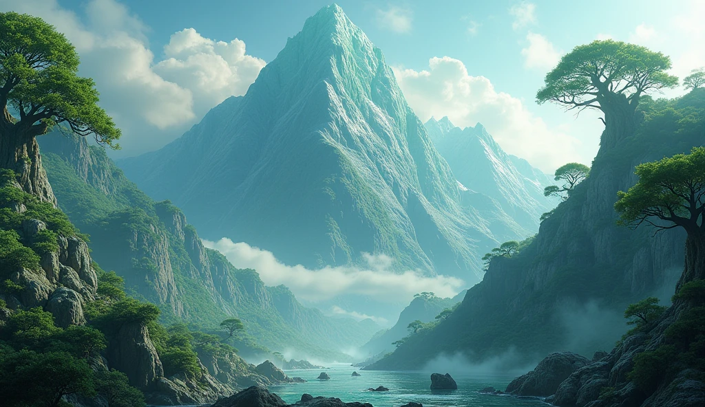 There is a high mountain,The sunny side is rich in jade,On the other side there are strange trees(best quality,4K,8k,High level,masterpiece:1.2),Ultra Detailed,(lifelike,Photo real,Photo real:1.37)