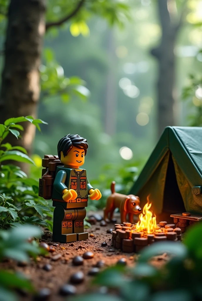 Photorealism 1.4 realistic realism high detailed definition  Malaysia Lego minifig jungle campsites with bagpack campfire green tent with Lego dog and vehicle 4x4 