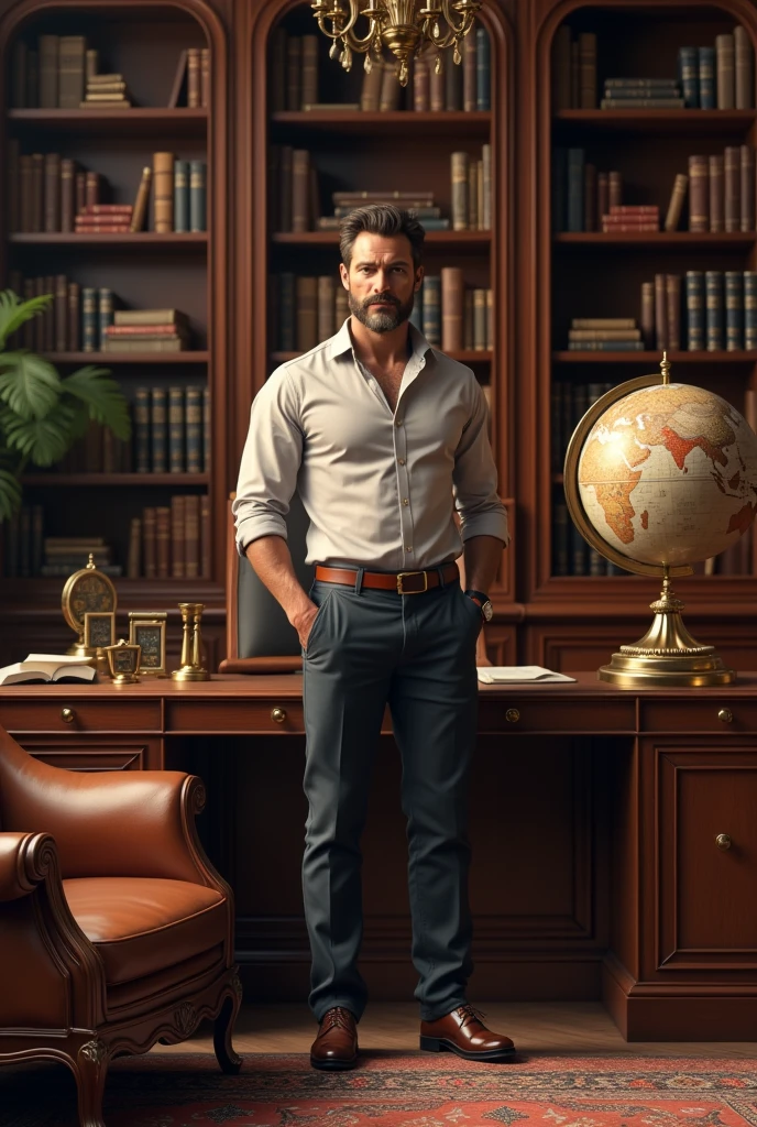 A tanned man on a bookshelf with a globe in a luxury office.