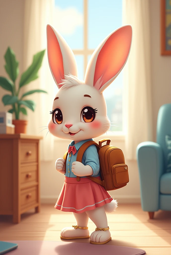 A little bunny wearing female clothes interning in her home with a school bag pack in cartoon style 
