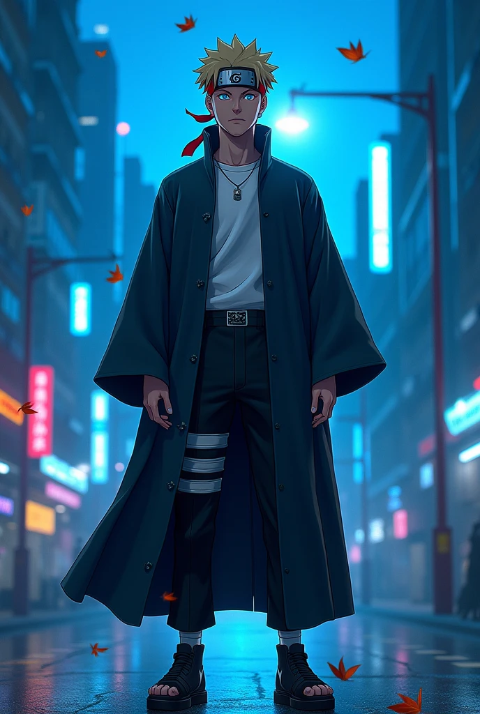 Naruto in Supreme Court dress with Nike black shoes in Tokyo blue light and Jordan pant with leaves village band with kakashi in white T-shirt with Gucci Black Jacket with Jordan black pant with Jordan black shoes