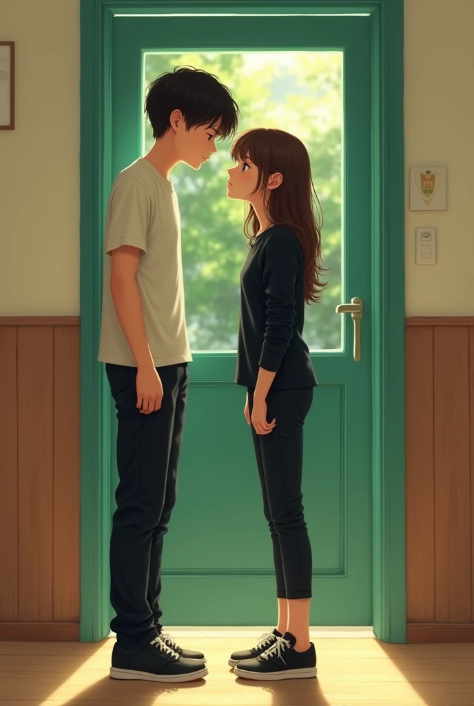 Drawing a two lovers standing at the school room door the boy is wearing with t-shirt and black slacks and the girl is wearing all black and the door is color green and the room is beige
the angle is side view of the guy and front view of the girl