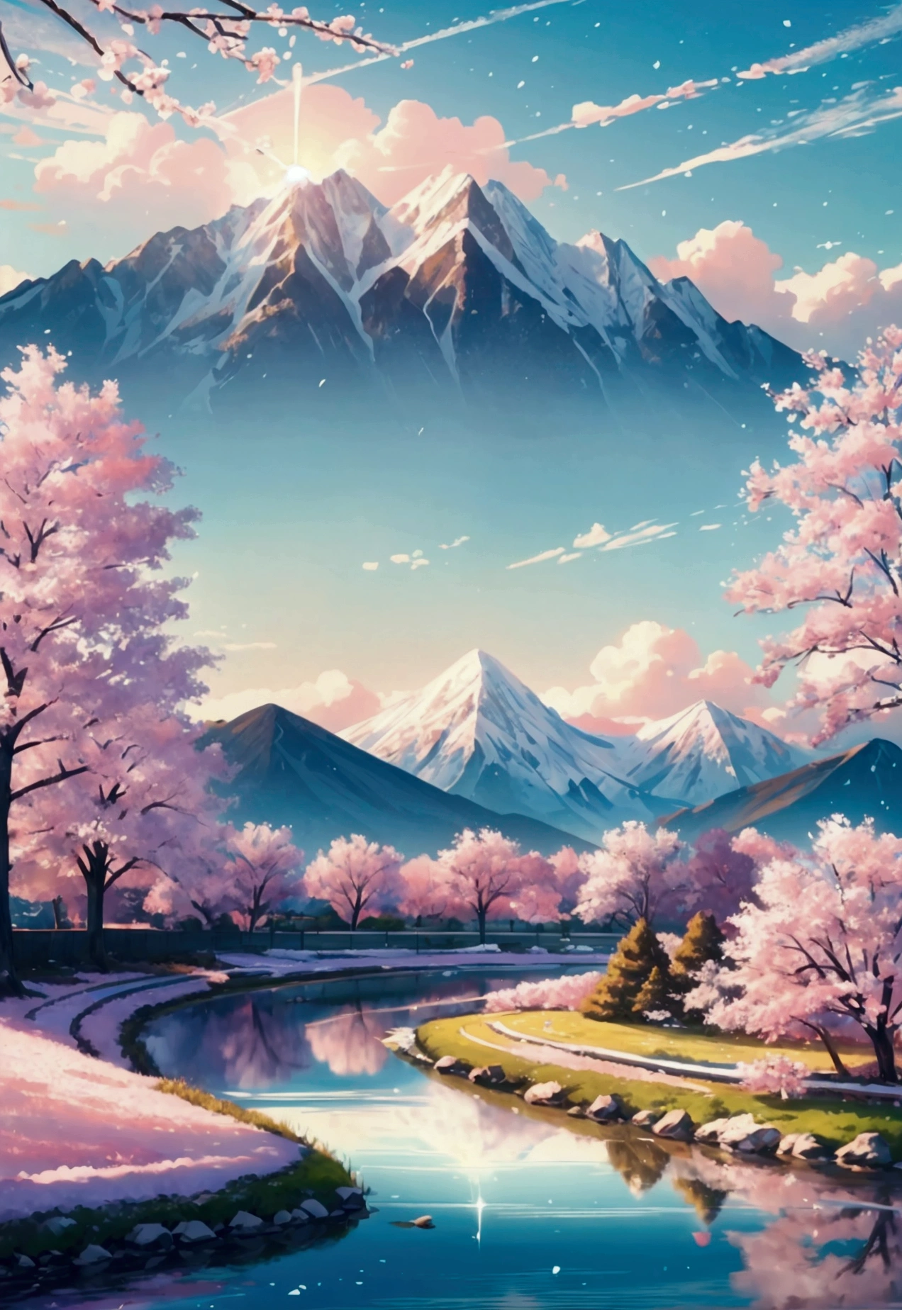 Create a viral anime wallpaper that captures the enchanting beauty of spring, the most beloved season globally. The scene should feature rolling green hills adorned with cherry blossom trees in full bloom, with delicate pink petals drifting in the gentle breeze. A clear, sparkling river meanders through the landscape, reflecting the pastel colors of the blossoms and the bright blue sky. In the distance, majestic snow-capped mountains rise, partially veiled by fluffy white clouds. The lighting is warm and golden, as the sun sets, casting long shadows and enriching the colors of the scene. The atmosphere should be magical, peaceful, and full of life, embodying the renewal and serenity of spring in a style that resonates with today's viral anime aesthetic.
