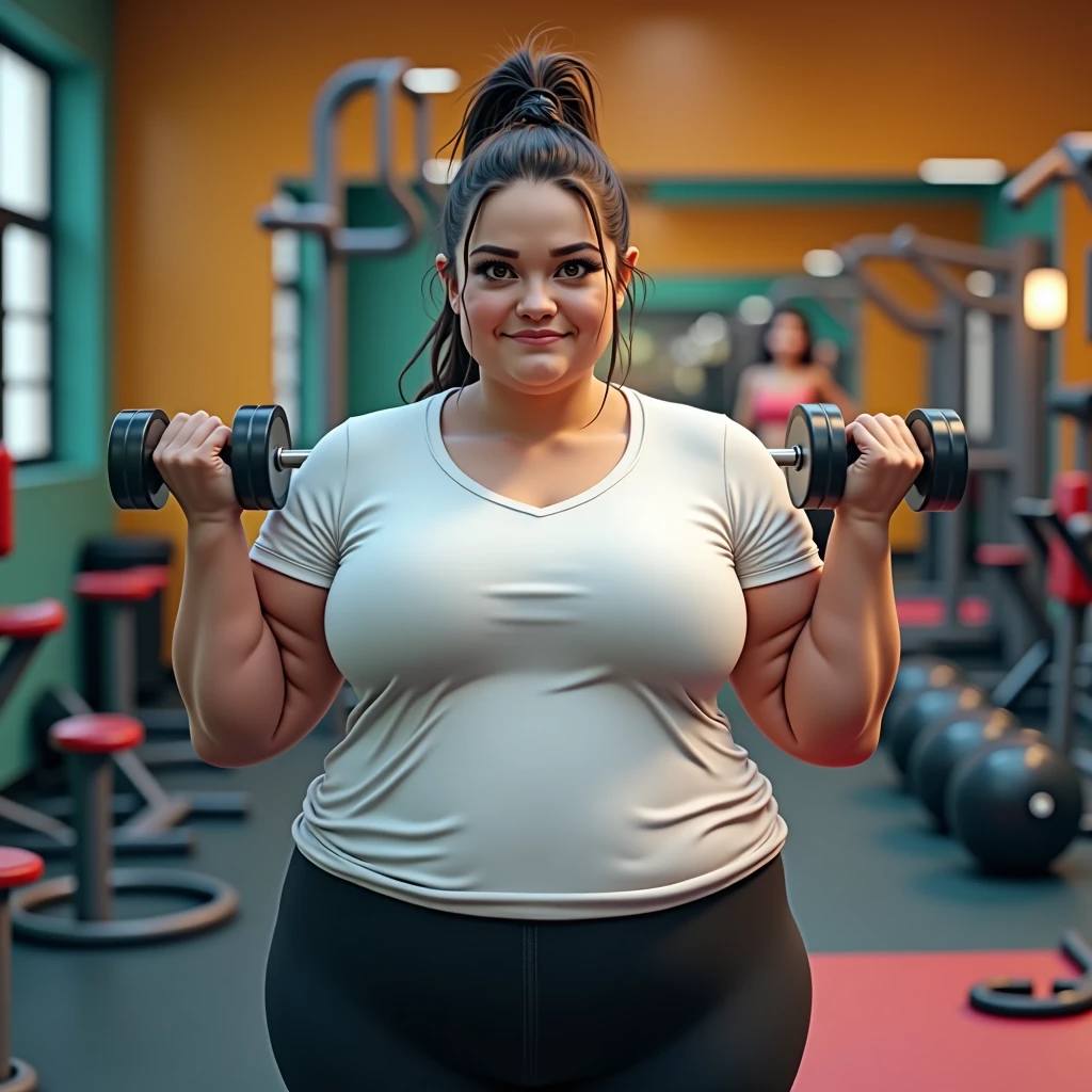 A overweight Girl, white t-shirt, black legging, wear shoes, looking viewer, facing the viewer, hand lifting weights, trying to loose weight, back ground at many colored gym.