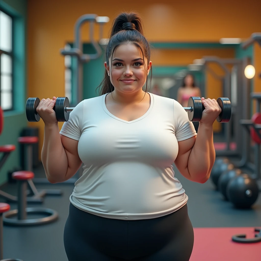 A overweight Girl, white t-shirt, black legging, wear shoes, looking viewer, facing the viewer, hand lifting weights, trying to loose weight, back ground at many colored gym.