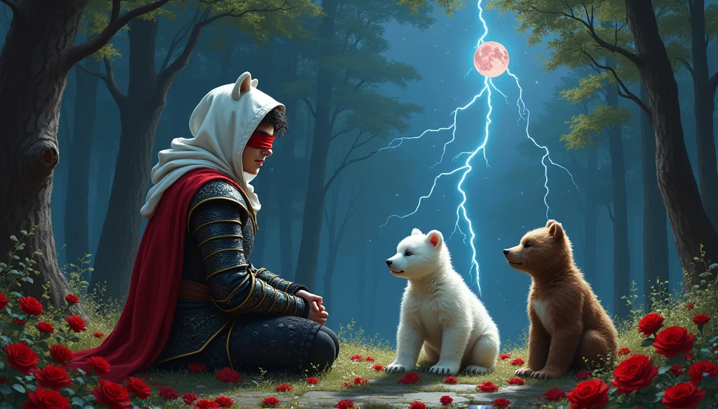 Male knight with a white hood with bear ears and a sword behind his back sits on the ground towards a baby polar bear and a baby brown bear in a forest while the moon shines, many Roses cover the ground and lightning falls from the sky. The baby polar bear plays with the baby brown bear while the knight enjoys watching them. Only the man wears a red blindfold. In the background of the picture is the blood moon and a tree has fallen down in the path. The forest is full of trees with leaves. The armor of the man is black and red roses decorate it. The sky is full of stars. The knight looks thoughtful.