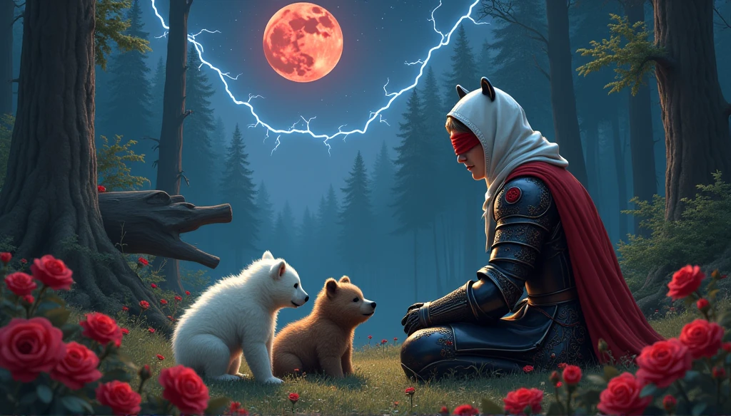 Male knight with a white hood with bear ears and a sword behind his back sits on the ground towards a baby polar bear and a baby brown bear in a forest while the moon shines, many Roses cover the ground and lightning falls from the sky. The baby polar bear plays with the baby brown bear while the knight enjoys watching them. Only the man wears a red blindfold. In the background of the picture is the blood moon and a tree has fallen down in the path. The forest is full of trees with leaves. The armor of the man is black and red roses decorate it. The sky is full of stars. The knight looks thoughtful.