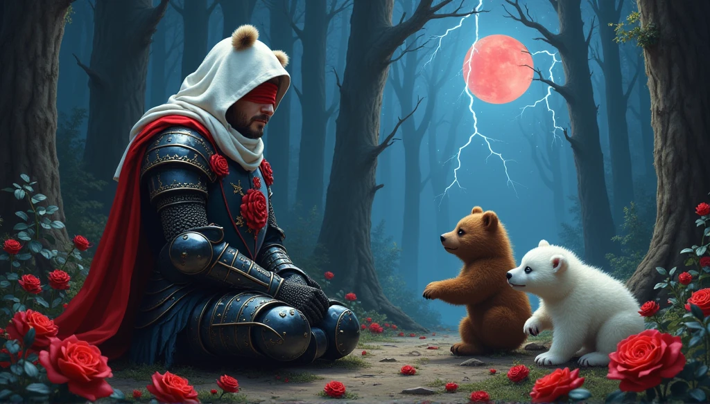Male knight with a white hood with bear ears and a sword behind his back sits on the ground towards a baby polar bear and a baby brown bear in a forest while the moon shines, many Roses cover the ground and lightning falls from the sky. The baby polar bear plays with the baby brown bear while the knight enjoys watching them. Only the man wears a red blindfold. In the background of the picture is the blood moon and a tree has fallen down in the path. The forest is full of trees with leaves. The armor of the man is black and red roses decorate it. The sky is full of stars. The knight looks thoughtful.